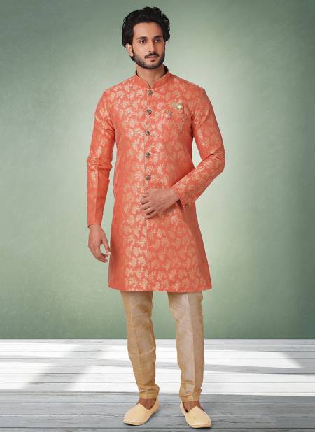 Orange Colour Heavy Wedding Wear Jacquard Banarasi Brocade Indo Western Mens Collection 1075
